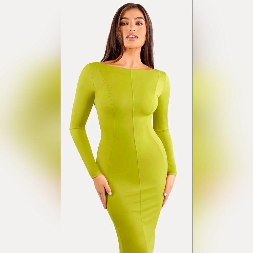 Sleek Olive Green Long Sleeve Sheath Dress